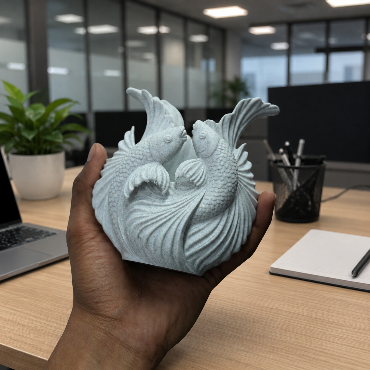 Elegant Marble Fish Pen Holder for Office Desk | Modern Decorative Plastic Stationery Organizer