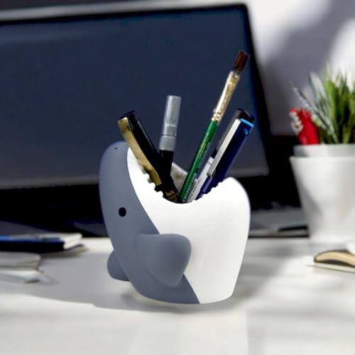 HOBIGO Shark Theme Desk Pen Holder, Cute Plastic Table Organiser (GREY)|B0DY949WJW