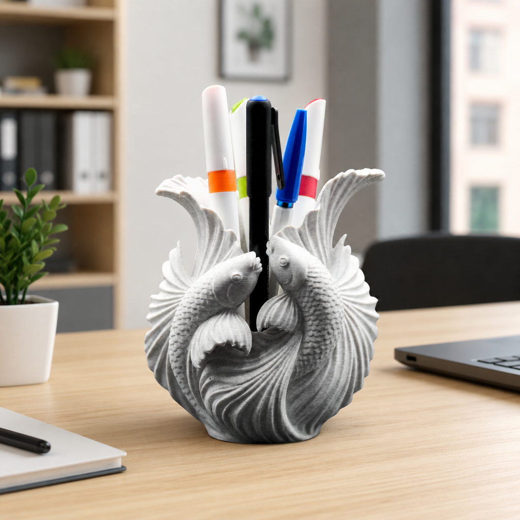 Elegant Marble Fish Pen Holder for Office Desk | Modern Decorative Plastic Stationery Organizer