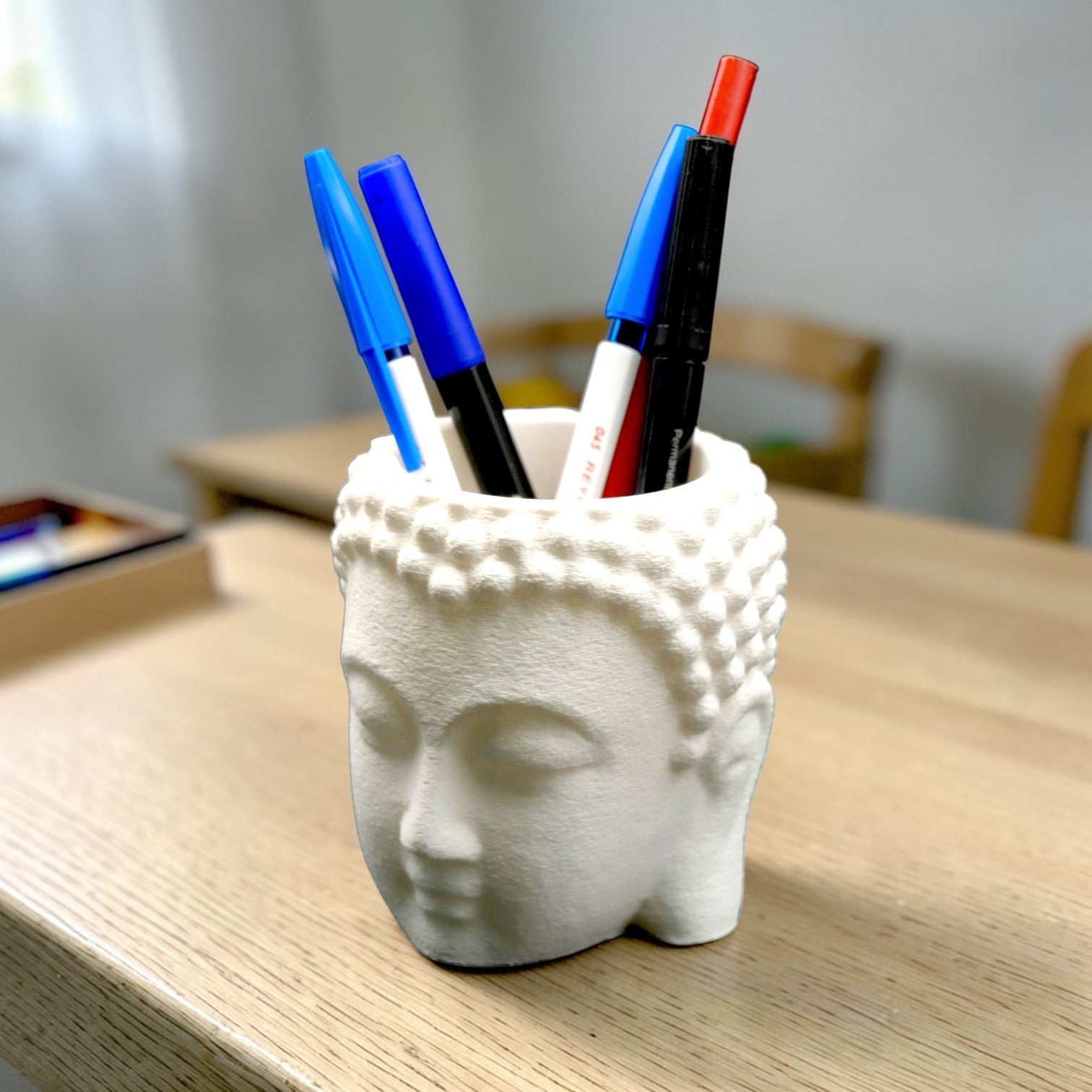 Golden & White Buddha Pen Holder – Aesthetic Zen Desk Organizer for Calm & Creative Workspaces