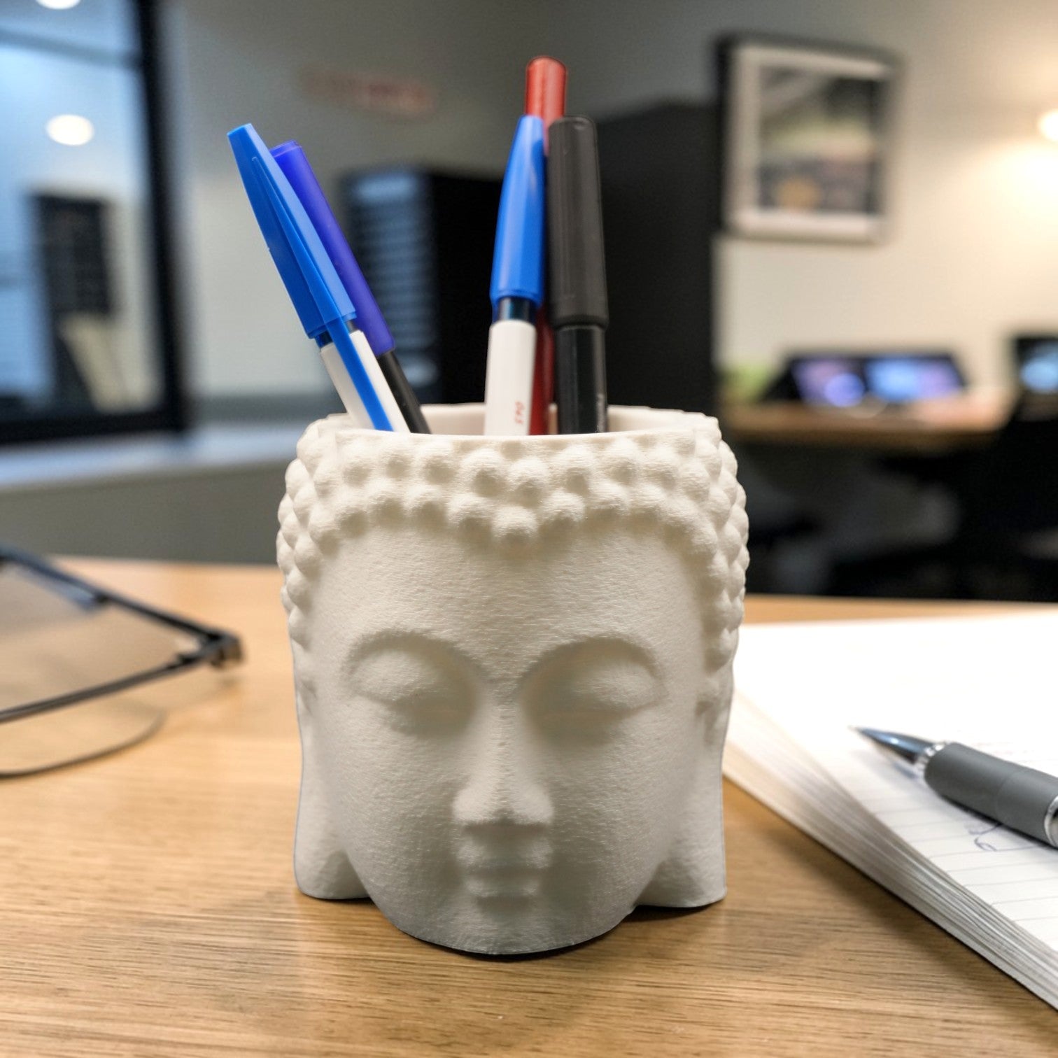 Golden & White Buddha Pen Holder – Aesthetic Zen Desk Organizer for Calm & Creative Workspaces