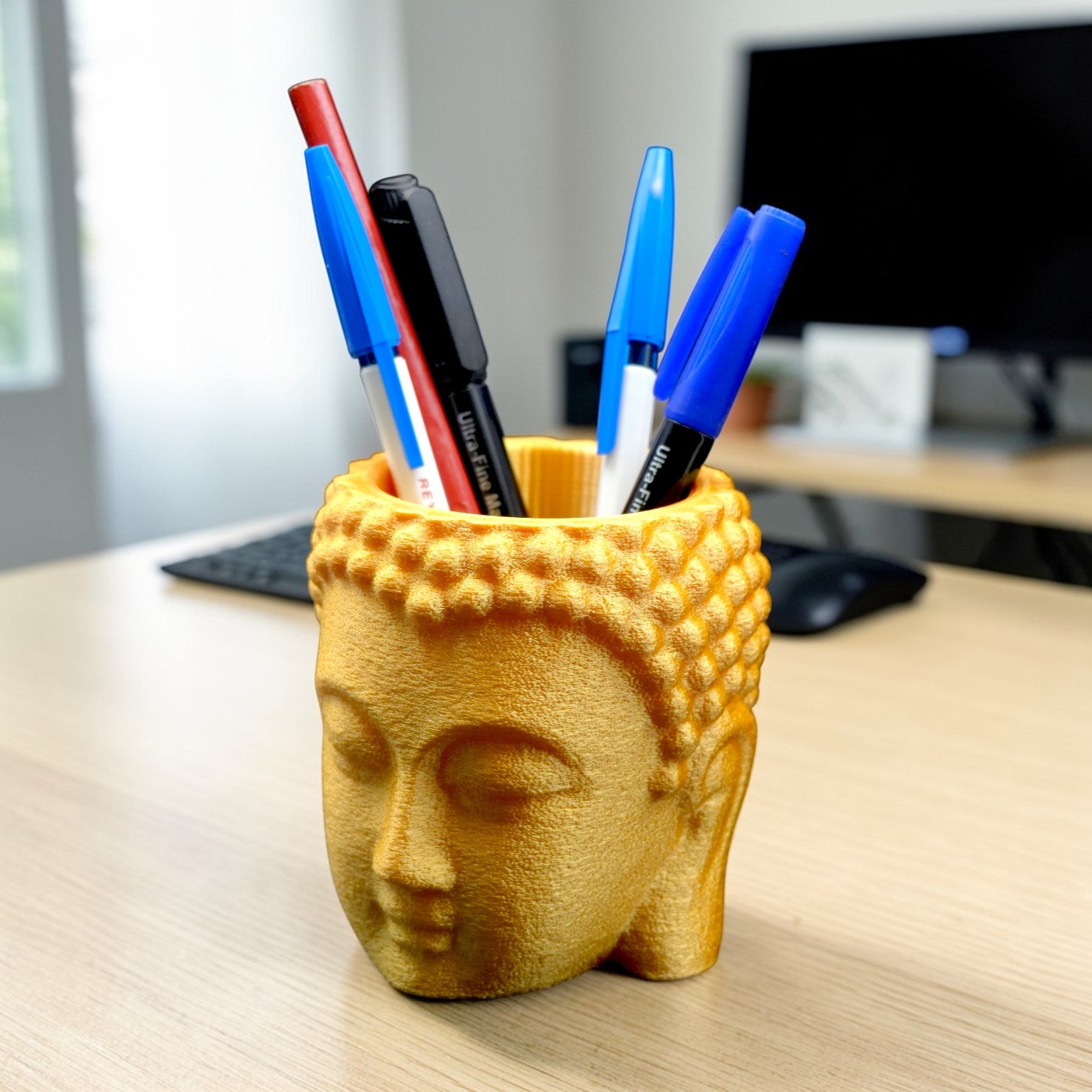Golden & White Buddha Pen Holder – Aesthetic Zen Desk Organizer for Calm & Creative Workspaces