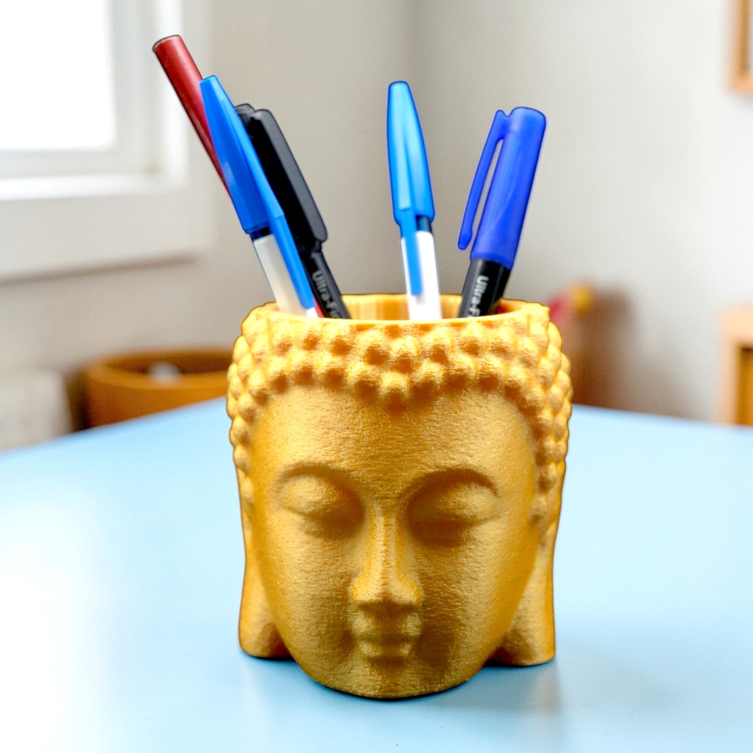 Golden & White Buddha Pen Holder – Aesthetic Zen Desk Organizer for Calm & Creative Workspaces