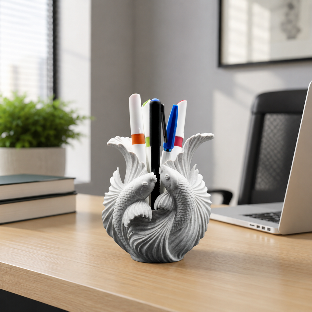 Elegant Marble Fish Pen Holder for Office Desk | Modern Decorative Plastic Stationery Organizer