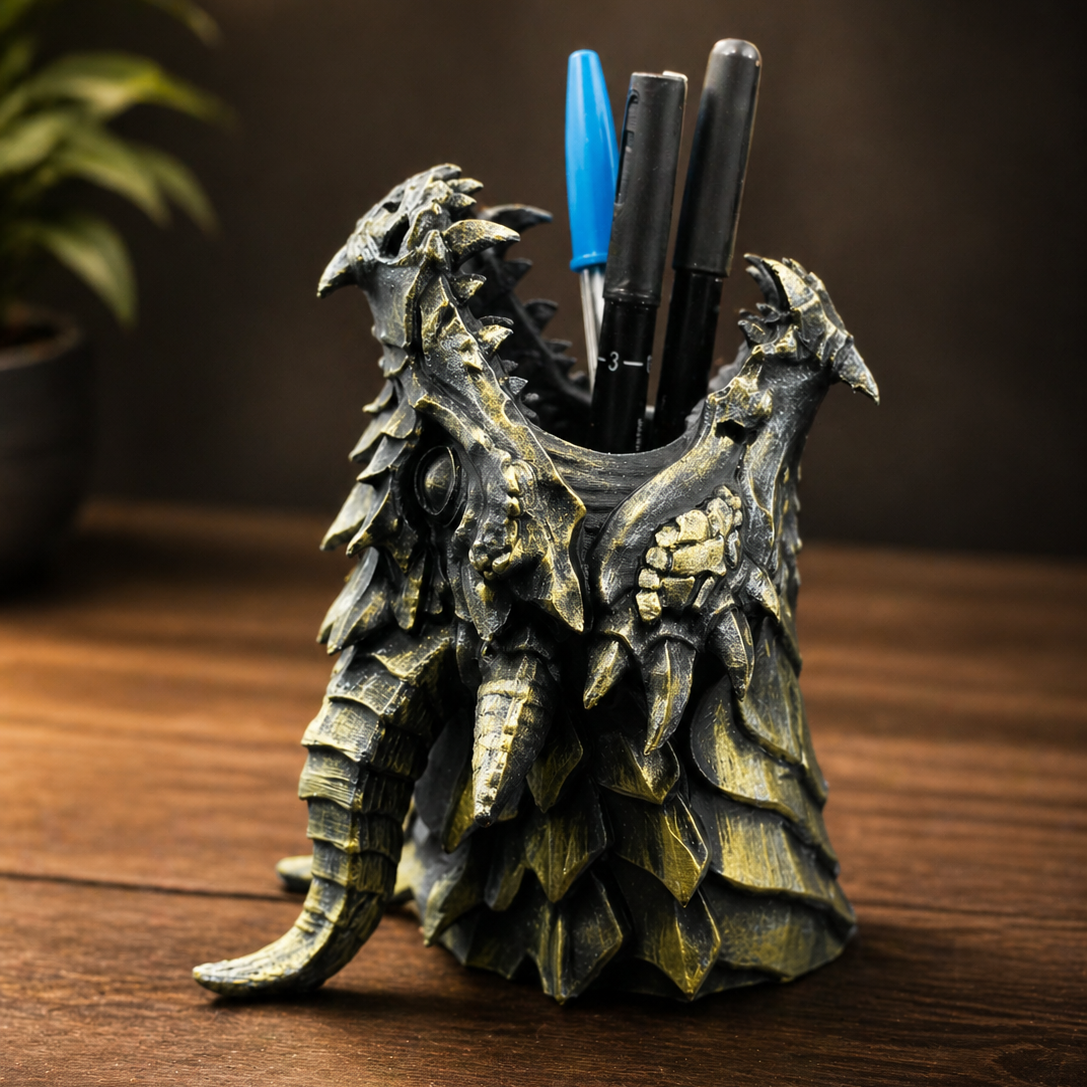 Golden Dragon Skull Pen Holder – Fantasy Beast Desk Organizer | Gothic Style Stationery Stand