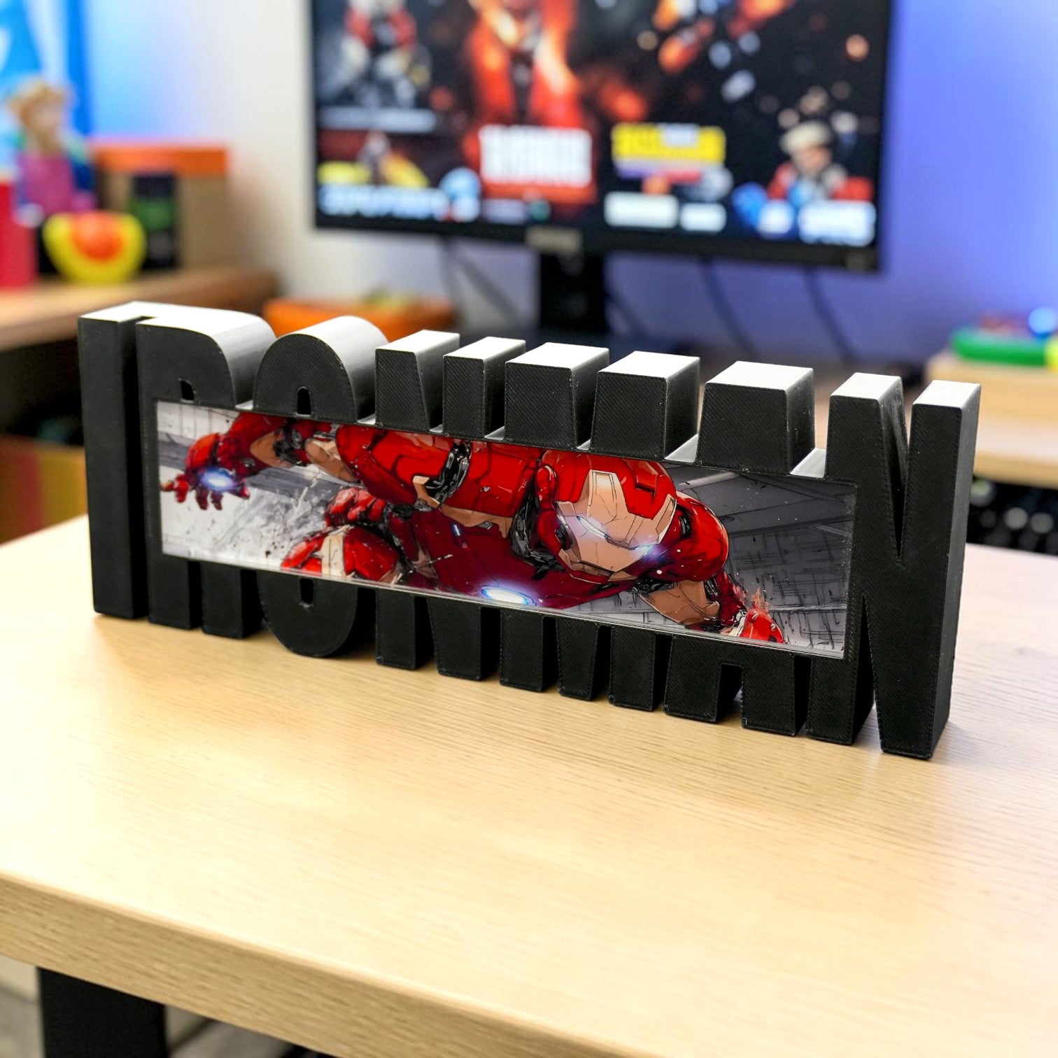 Arc Power Hero Desk Display – Iron Style Tabletop Stand | Gamer Setup Decor