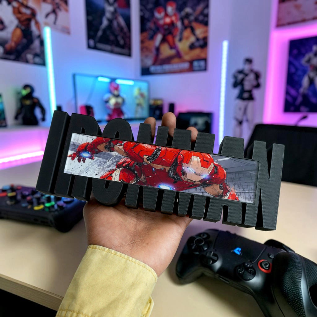 Arc Power Hero Desk Display – Iron Style Tabletop Stand | Gamer Setup Decor