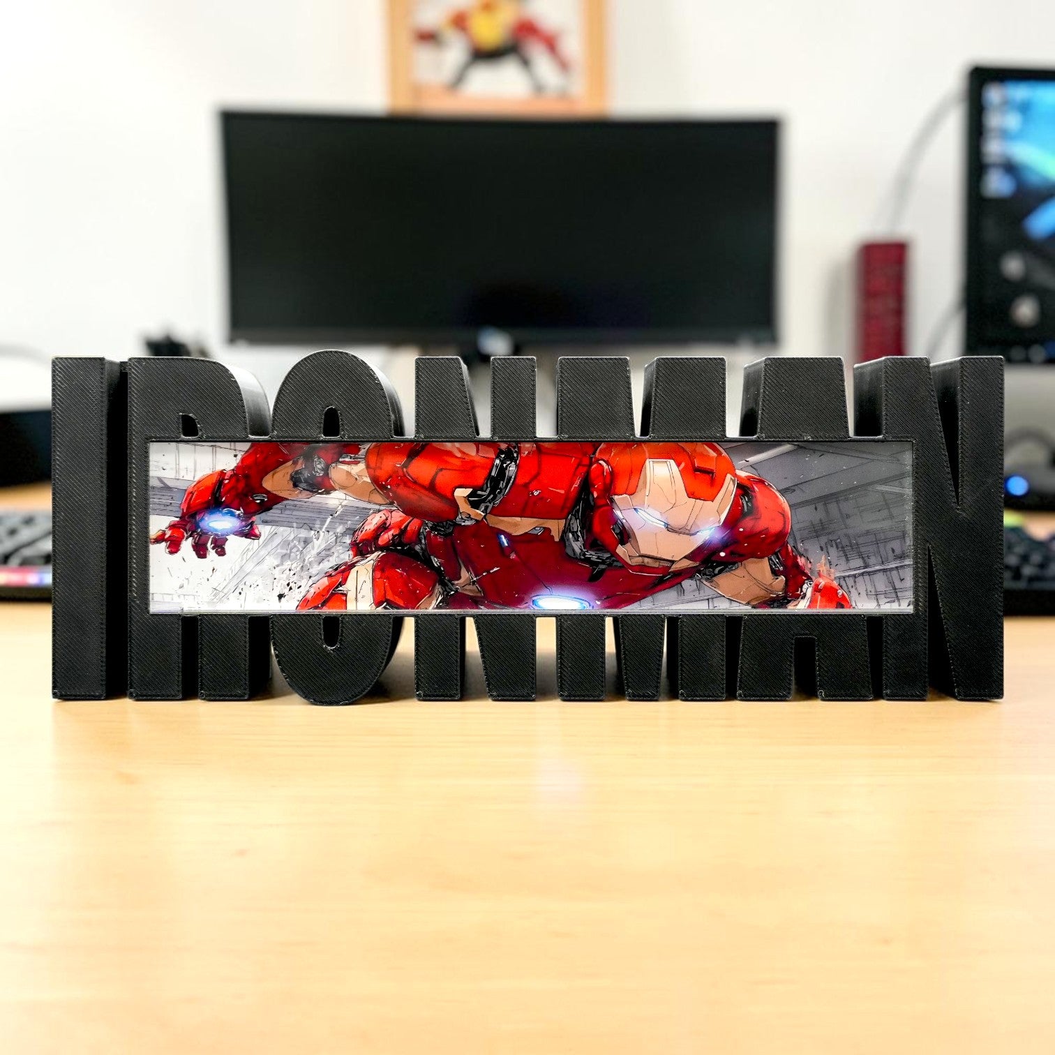 Arc Power Hero Desk Display – Iron Style Tabletop Stand | Gamer Setup Decor